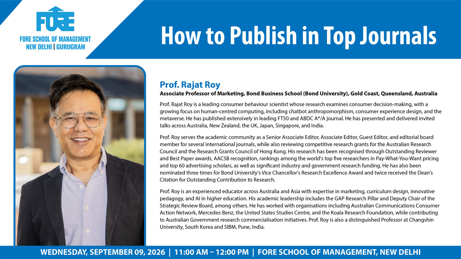 How to Publish in Top Journals — guest session announcement featuring Prof. Rajat Roy, hosted by FORE School of Management, New Delhi | Gurugram